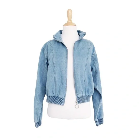 HAUTE MONDE O-Ring Zipper Wash Denim Bomber Jacket Size M - Picture 4 of 13